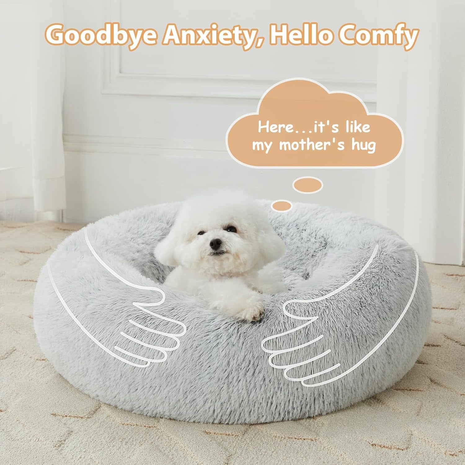 Calming Dog Bed Cat Bed Donut, Faux Fur Pet Bed Self-Warming Donut Cuddler, Comfortable round Plush Dog Beds (24 X 24 Inch, Light Grey)