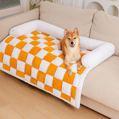 FUNNYFUZZY Cream Square Plaid Cozy Dog Mat Furniture Protector Cover, Pet Bedding, Large Dog Bed,Dog Bed Mat Blanket