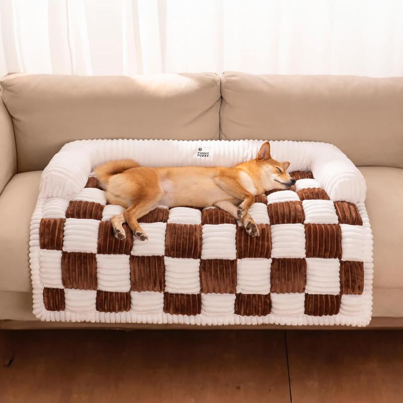 FUNNYFUZZY Cream Square Plaid Cozy Dog Mat Furniture Protector Cover, Pet Bedding, Large Dog Bed,Dog Bed Mat Blanket